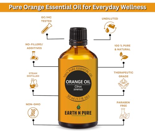Image of Earth N Pure Orange Oil 100% Pure & Natural | Sweet Orange Essential Oil for Diffuser, Aromatherapy, Skin Care, Hair Care & Cleaning |for Fresh Mood & Home Fragrance | Undiluted Therapeutic Grade - 50ml