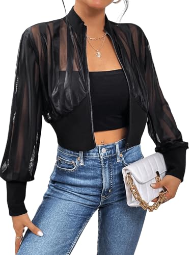 Milumia Women's Striped Lightweigh Sheer Mesh Crop Bomber Jacket3