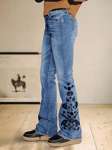Flamingals Bootcut Jeans for Women Mid Waist Casual Wash Floral Embroidery High Stretch Jeans3