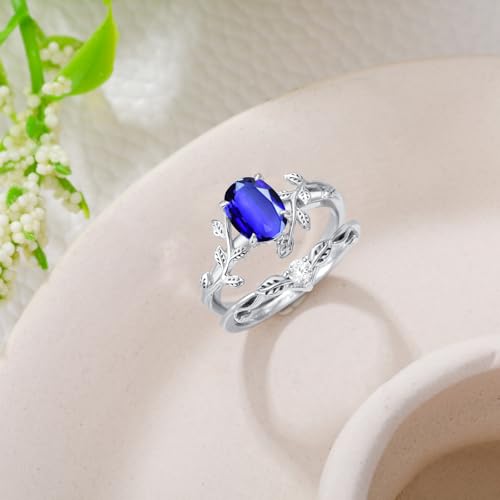 Oval Shaped Gemstone Engagement Rings Set for Women 925 Sterling Silver,8x6 MM Amethyst Leaf Ring Unique Bridal Wedding Rings Size 3-134