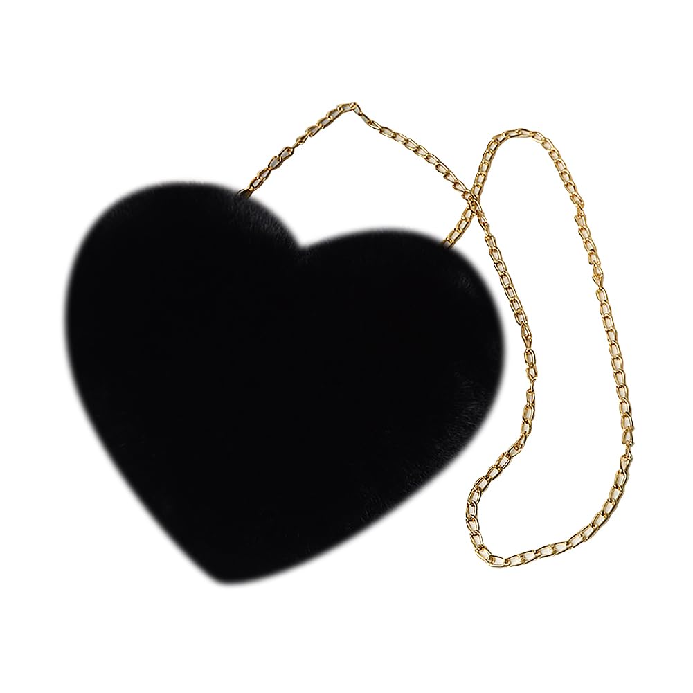 Hugede Women's Black Heart Shaped Faux Fur Purse Fluffy Shoulder Bag Cute Crossbody Purses Soft Fuzzy Handbag Plush Handle Purse For Valentine's Day Girls
