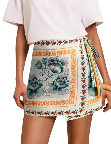 Women’s Summer Boho Skirts Floral Print Tie Knot Wrap Skirt Cute Tropical Ocean Graphic Mini Short Skirts Beachwear