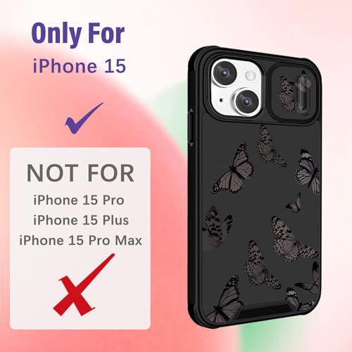 Image of Funermei (2in1 for iPhone 15 Case Butterfly for Women Girls Cute Phone Cover Girly Pretty Kawaii Teens Black Aesthetic Design with Camera Cover Funda for Apple for iPhone 15 Cases