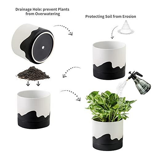 Nihow Ceramic Plant Pot: 6 Inch Planter with Drainage Hole & Saucer for Indoor & Outdoor Plants - Cylinder Round Flower Pot for Succulent/Herbs/Violets - White & Wave Black by Nihow - Image 3