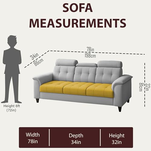 Image of Casaliving Ella 3 Seater Sofa Set for Living Room (Yellow Grey Colour Fabric) Premium Fabric Sofa