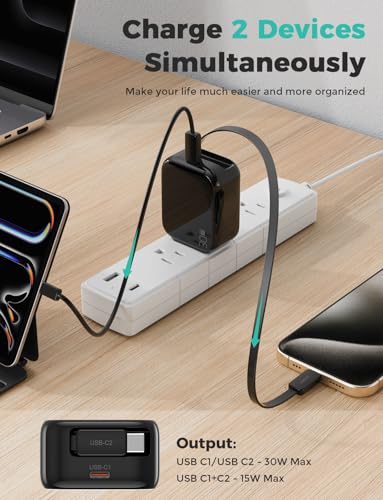 Image of 2-in-1 Retractable Wall Charger Plug with USB C Port and 27in /70cm Type C Cable,Travel Essentials 30W Fast Charging Foldable Block for iPhone 16 /15 /,iPad,Galaxy,Pixel-Black