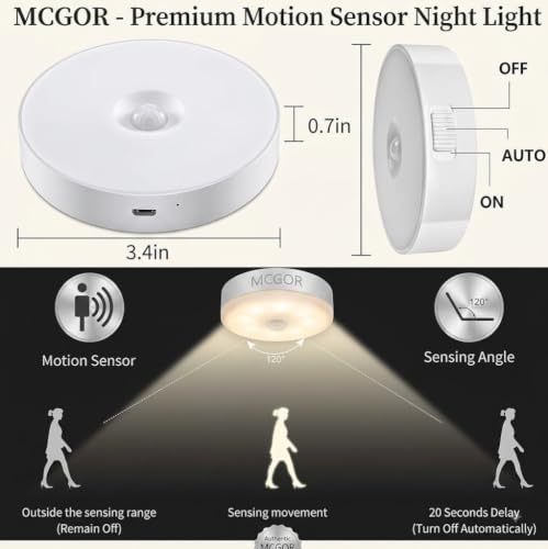 Image of MCGOR Motion Sensor Light for Home (Pack of 2) - USB Rechargeable Wireless Self-Adhesive LED Night Light for Wardrobe, Cupboard, Cabinet & Stairs