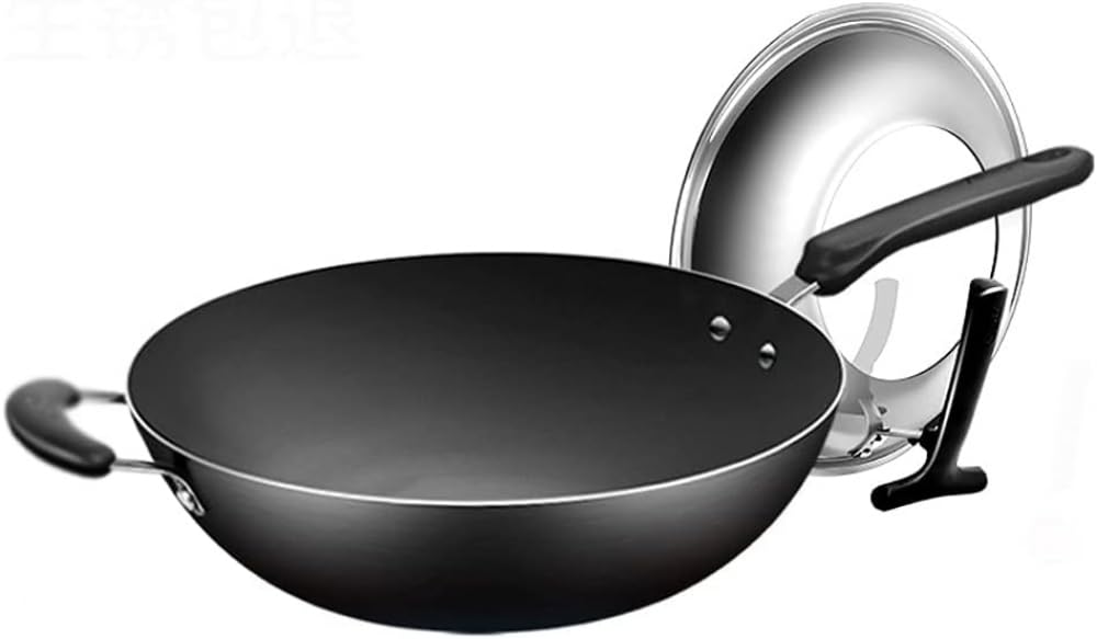 ASerZenith Uncoated Cast Iron True Stainless Wok Non-Stick Uncoated Wok Pot With Fine Cast Iron Pan,34Cm
