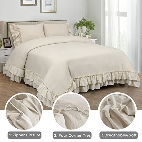 Hig 3 Piece Farmhouse Ruffled Duvet Cover Set Queen, Camel Vintage Duvet Cover With 2 Rows Of Handmade Ruffle, Solid Washed Microfiber Comforter Cover For Bedroom - 1 Duvet Cover, 2 Shams (Hans) #TOP1