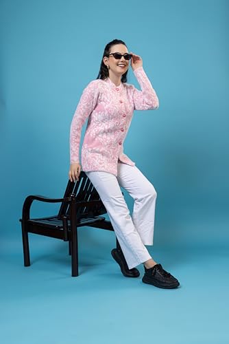Image of Wear lusso Women Woolen Round Neck Self Design Cardigan | Heavy Hair Fabric Winter Wear | Pure Wool Long Cotty Fully Warm Cardigan Sweater