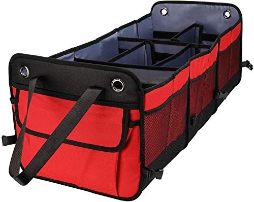 Cutequeen Trunk Organizer Back Seat Protector Storage Organizer Multi Compartments Collapsible Portable for SUV Car Truck Auto Red And Black(pack of 1) (34"x13"x11", Red)