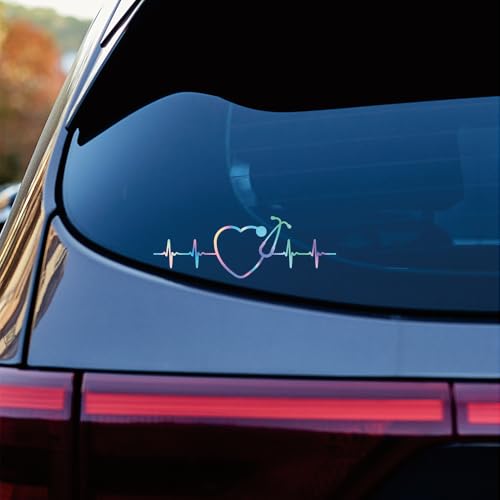 Image of Nurse Stethoscope Heartbeat Lifeline Heart Shape Sticker Decal Vinyl - 2 Pack Holographic Iridescent, 7 Inches, 8 Inches - No Background Die Cut for Car Boat Laptop