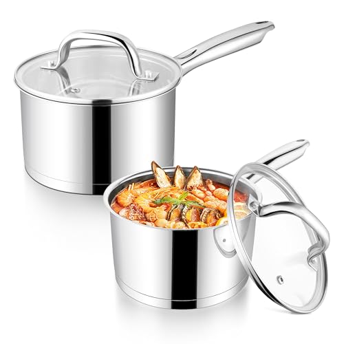 P&P CHEF 1 Quart & 2 Qruat Saucepan with Lid Set, Stainless Steel Small Cooking Pot Induction Sauce Pan for Pasta Soup, Ergonomic Handle & Tri-ply Base, Dishwasher Safe, 2 Pan