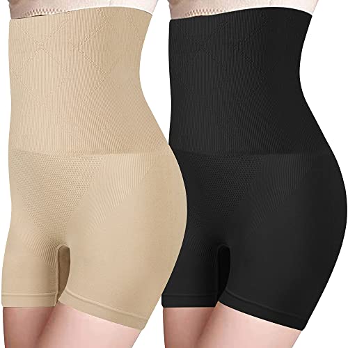 4How Culottes Sculptantes Taille Haute Gainante Minceur Ventre Plat Invisible 2Pcs Femme Panties Abdominale Amincissante Shorts Noir,Beige XL