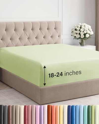 Image of Extra Deep Queen Fitted Sheet - Single Fitted Sheet Only - Light Sage Green | Easily Fits 18 inch to 24 inch Mattress, Soft, Wrinkle Free, Breathable & Comfy, Extra Deep Pockets Hotel Luxury Fitted Sheet