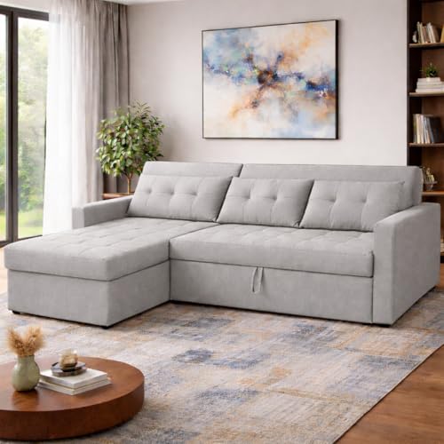 Image of Emilio 4 Seater LHS L - Shape Pull-Out Sofa Cum Bed Sofa for Living Room (Grey Fabric Color) Premium Fabric Sofa Set for Living Room Sofa Cum Bed