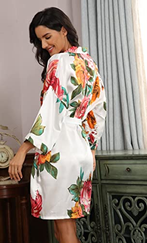 Image of VOGMATE Floral Silk Robes for Women Short Satin Kimono Bride Bridesmaid Robes Bathrobe