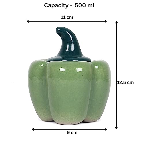 Image of QIMACPLUS Ceramic Capsicum Decorative Pickle Jar| Food Storage Jar | Multipurpose aachar, masala Jar For kitchen and Dining table 500 ML set of 1 Green