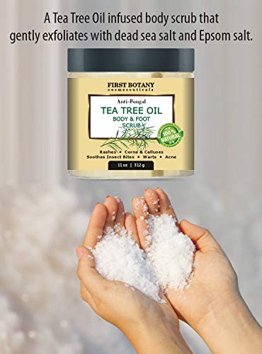 100-Natural-Tea-Tree-Oil-Body-Foot-Scrub-with-Dead-Sea-Salt-Best-for-Acne-Dandruff-and-Warts-Helps-with-Corns-Calluses-Athlete-foot-Jock-Itch-Body-Odor-11-oz First Botany Cosmeceuticals, 100% Natural Tea Tree Oil Body & Foot Scrub with Salt - Best for Acne, Dandruff and Warts, Helps with Corns, Calluses, Athlete foot, Jock Itch & Body Odor