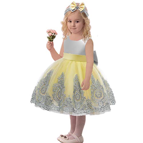 Cmmchaah Flower Girls Dresses Wedding Baby Birthday Party Christmas Easter Pageant Event Prom Dress(Grey+Yellow,90) #TOP4
