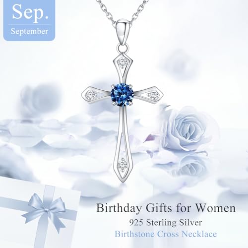 Cross Necklace for Women,925 Sterling Silver Birthstone Necklace with Diamond Faith Religious Birthstone Jewelry Birthday Holiday Gifts for Her/Wife/Mom/Girlfriend3