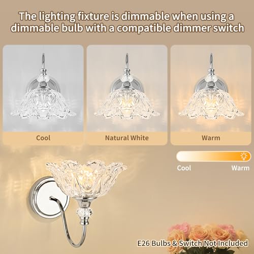 Image of 1 Piece Chrome Wall Sconce with Floral Clear Glass Shade, Modern Wall Mount Lighting for Bathroom,Modern Bathroom Vanity Light Fixture