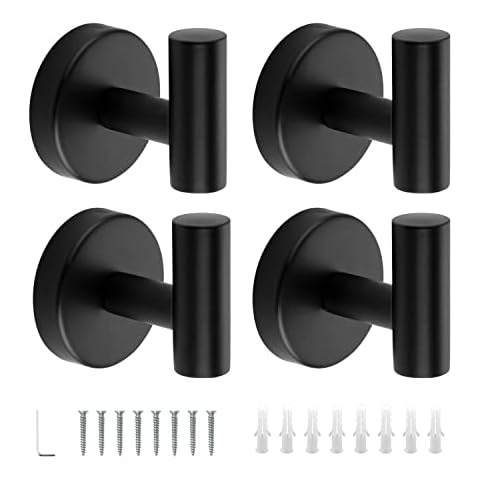 Ravinte Towel Hooks 4 Pack Black Bathroom Towel Hooks Wall Towel Hooks SUS 304 Stainless Steel Matte Black Coat Robe Clothes Hook Holder Towel Hooks for Bathroom Wall Mounted Cover