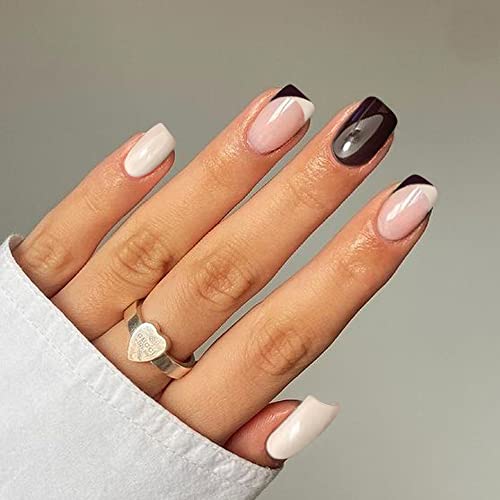 KXAMELIE Brown Nude Press on Nails Short French Tips Fake Nails with Nail Glue Short Square Shape Nails in 12 Sizes-24 Glue on Nails Set