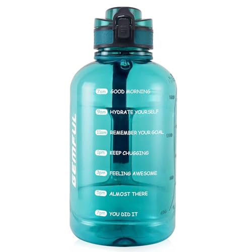 GEMFUL Botella de agua 2L sin BPA con asa y marcador de tiempo - Botella de agua de 2 litros a prueba de fugas para deporte, fitness, yoga y oficina (Cian)