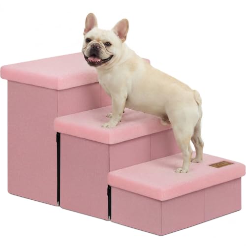Zerbuger Dog Stairs with Storage, Pink Furry Lids 3 Steps Dog Ramp no Condo