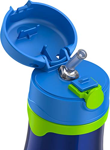 Image of Thermos Baby 10 oz. Stainless Steel Bottle with pop-up straw, Navy with Lime