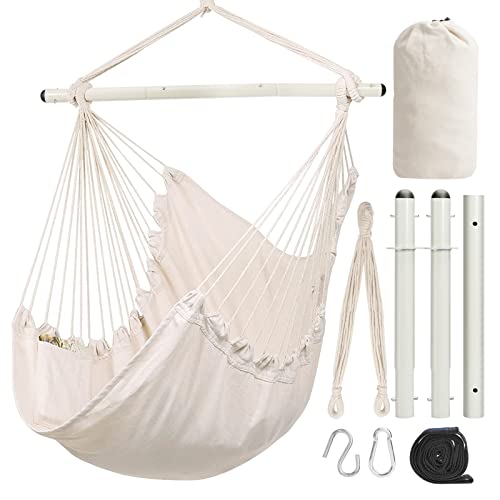 ECHTPower Hammock Chair with Side Pocket, Large Hanging Swing Chair Load Capacity 500 lb, Strong Metal Support Bar, Easy to Install, Soft Hanging Chair for Indoor, Outdoor- Included 2 Hook, 1 Strapâ€¦
