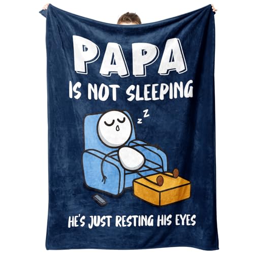 GoMelley Funny Papa Gifts Papa is Not Sleeping Blanket Gift from Grandkids Daughter Son Birthday for Papas Dad Grandpa Flannel Throw for Couch and Naps 60 x 50 Navy Blue