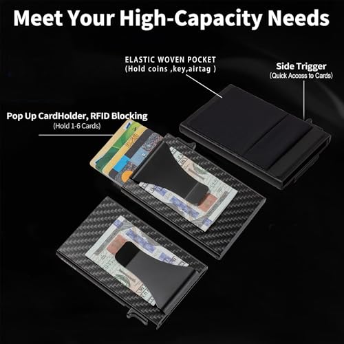 Slim Aluminum Wallet for Men, RFID Blocking Minimalist Matel Pop Up Card Holder Wallet, Holds 8+ Cards,Durable Removable Money Clip & Money Pocket(Carbon Fiber)4