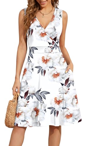 Image of WEACZZY Women's Summer Sleeveless Casual Dresses V-Neck Wrap Floral Holiday Tank Dress Flowy Beach Sundress with Pockets
