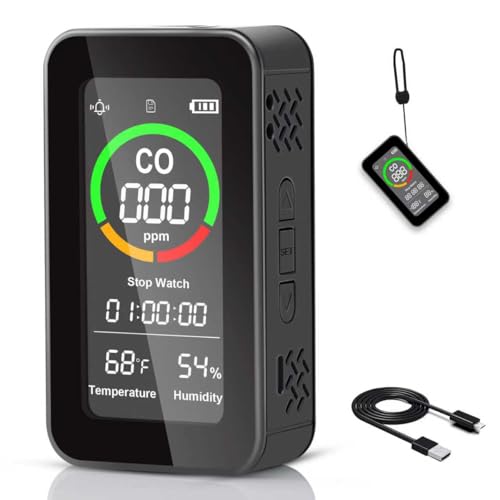 ThermElc CF-9R Detector de monóxido de Carbono, Monitor de CO 3 en 1, Monitor de Calidad del Aire con alertas sonoras y visuales, Linterna, cronómetro y Sensor de Temperatura y Humedad para el hogar