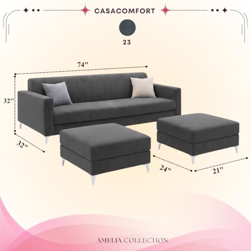 Image of Amelia 5 Seater L Shape Sofa Set with 2 Movable Ottomans | Flexible Layout | Rich Velvet Suede Fabric | Silver Legs | Spacious Seating | Modern Sofa for Living Room (Dark Grey)