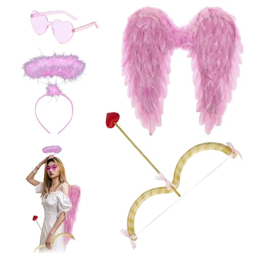 4 Pcs Halloween Valentines Day Cupid Bow and Arrow Feather Wings Headwear Heart Rimless Sunglasses Costume Set (Pink, Adult)