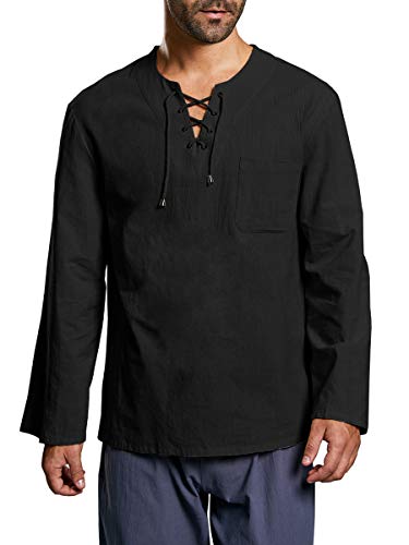Taoliyuan Mens Long Sleeve T Shirts Lace up Casual Hippie Cotton Summer Beach V Neck Loose Fit Yoga Top