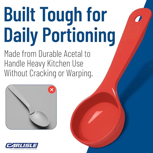 Image of Carlisle FoodService Products 7.10 inch 2.5 Ounce Solid Portion Control Spoon - Flat Bottom - Short Handle, Orange