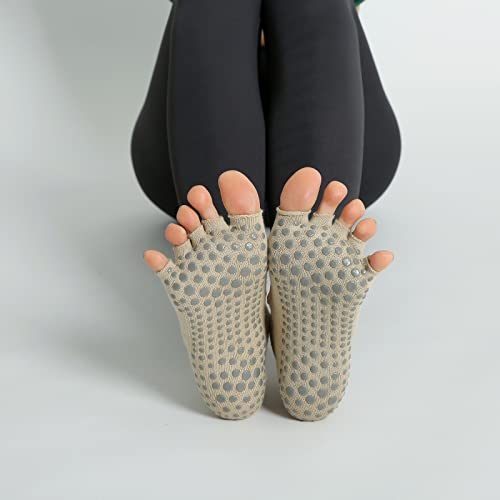 Image of Yoga Pilates Toe Socks Toeless Socks with Grips for Women Non Slip Cushioned Low Cut Ankle Socks for Dance