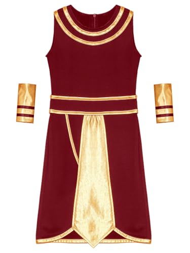 renvena Kids Boys Egyptian Pharaoh Outfits Sleeveless Shiny Metallic Toga Gown with Wrist Bands Set3