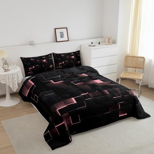 Image of Erosebridal Pink and Black Comforter Set King Neon Geometric Checkered Bedding Set for Kids Girls Teen,Tereoscopic Grids Comforter Square Plaid Quilt Duvet Room Decor 3 Pcs