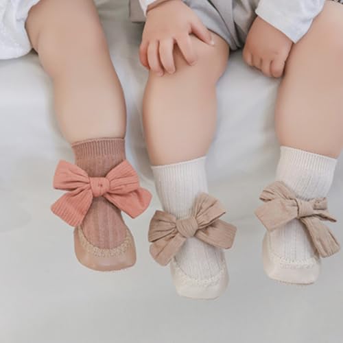 Baby Girl Sock Shoes with Cute Bowknot Leather Sole Grips, Mid Calf Non-Slip Princess Walking Socks for Toddlers3