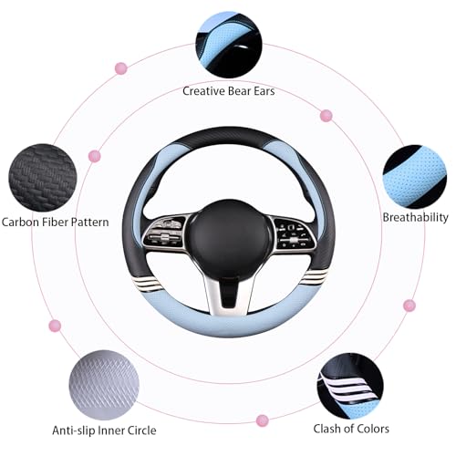 Image of 15 inch Cute Leather Steering Wheel Cover Black and Blue | Breathable Non-Slip Faux Leather and Carbon Fiber Car Accessories for Women Men Universal 14.5 inch to 15 inch