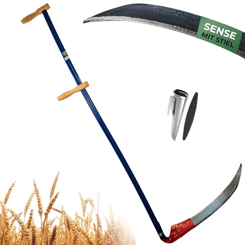 STREND PRO Sense 70 cm mit Metall Sensenstiel + WETZSTEIN & Wetzsteinbehälter | Robuste Handsense für Gras, Getreide & Wiesen | Scharfes Sensenblatt | Profi-Sense für Landwirtschaft & Gartenarbeit