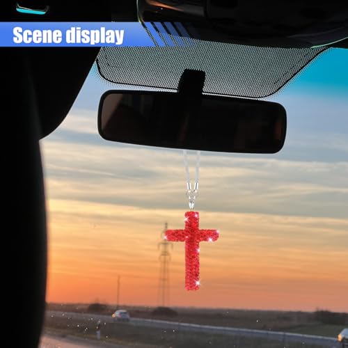 ZIMISI Bling Cross Car Hanging Ornament, Crystal Rhinestone Car Rearview Mirror Pendant for Women, Diamond Rear View Mirror Charm Present, Universal Vehicle Interior Decoration Accessory (Red)