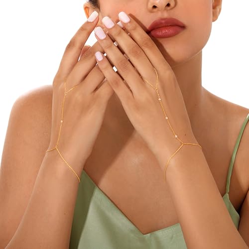 Gokeey Hand Chain Bracelet for Women, 14K Gold Plated Dainty Cubic Zirconia Bracelet Finger Ring Chain for Women Body Jewelry Fashion Stuff - Thumbnail 5