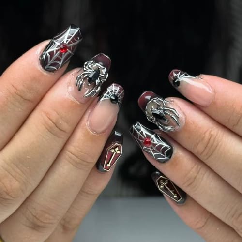 24Pcs Halloween Press on Nails Medium Coffin Spider Web Fake Nail French Tip False Nails Full Cover Artificial Glue on Nails 3D Spider Stick on Nails for Women Girls DIY Manicure Decorations