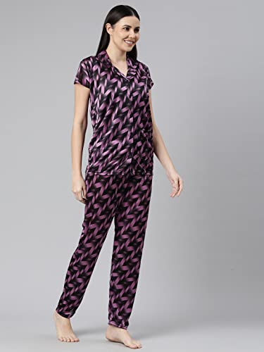 Image of LOODY'S Women's Abstract Print Night Dress | Women Satin Night Suit |Top and Pyjama Set for Girls